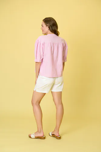 Model wearing Pink Stripe Windsor Shirt By Charlie Jane Available at Beetees Nelson